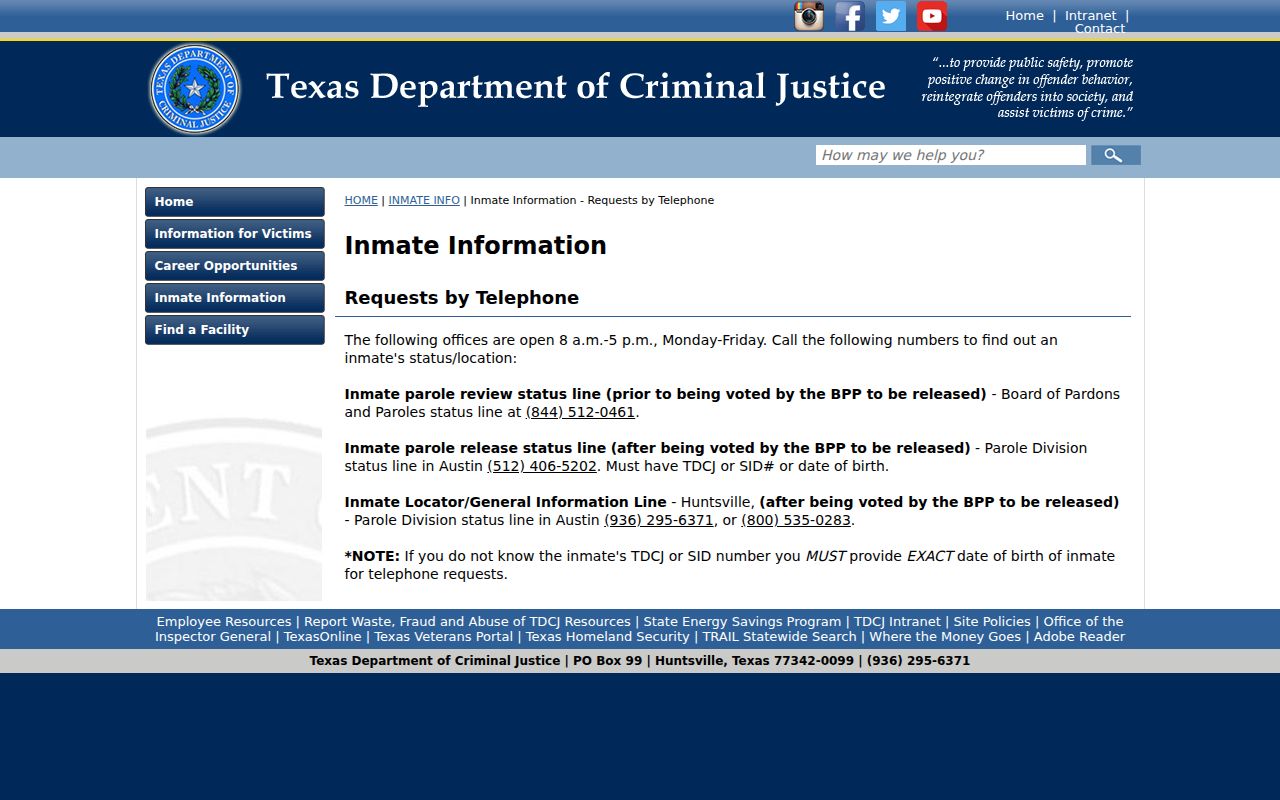 San Jacinto County arrest lookup TDCJ telephone custody status channels
