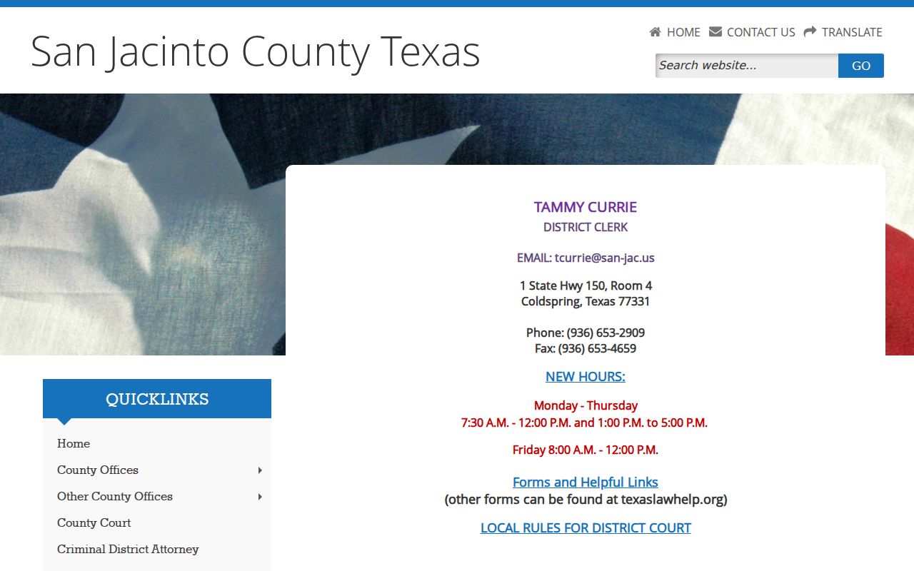 San Jacinto County criminal court case District Clerk felony records page