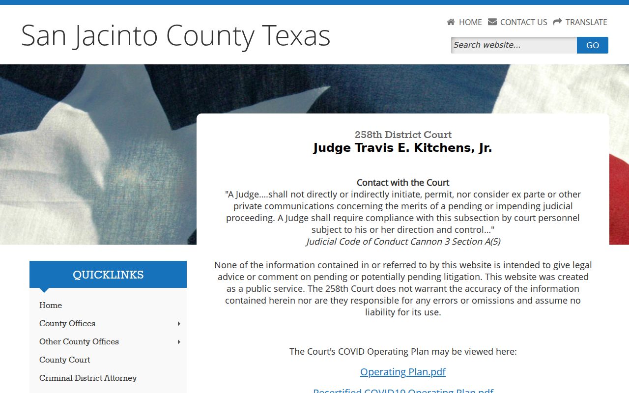 San Jacinto County criminal court cases 258th District Court page