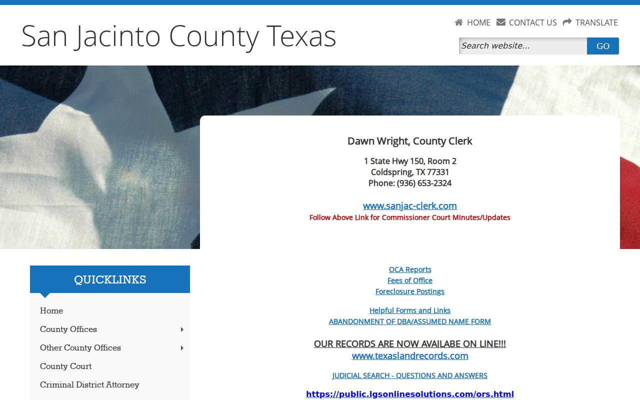 San Jacinto County criminal court case County Clerk records page