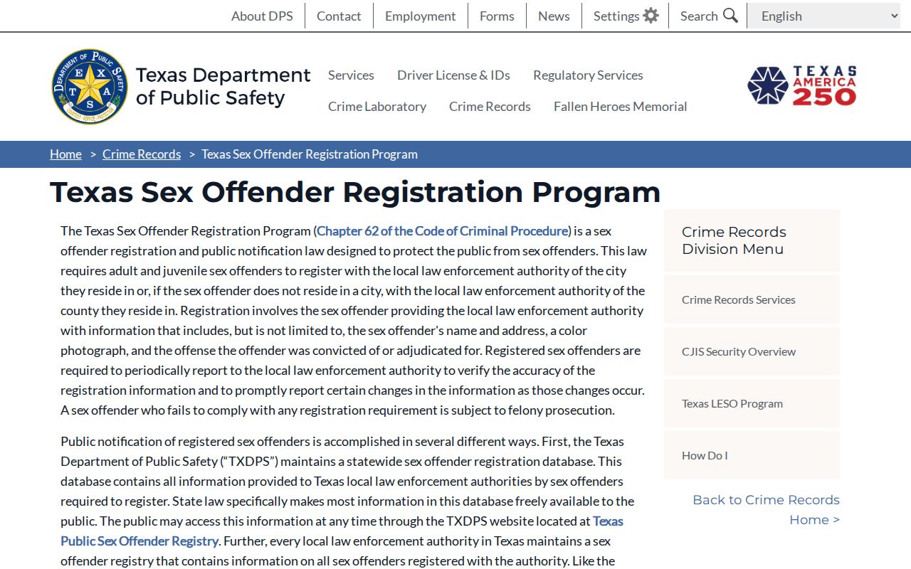 Texas DPS guidance for San Jacinto County sex offender registration records